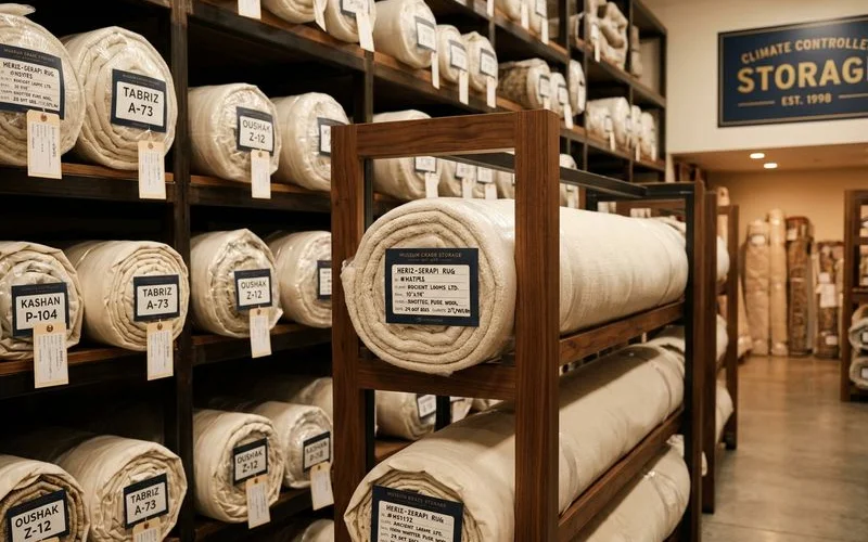 Climate-controlled storage racks with wrapped rugs