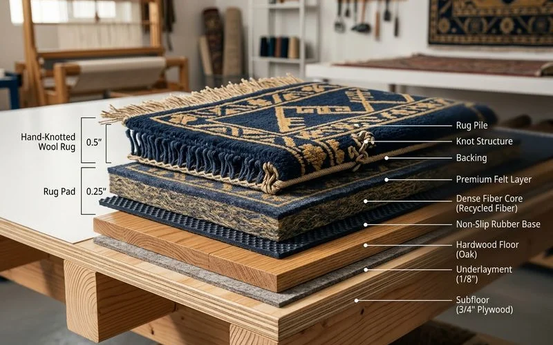 Cross-section of a rug, pad, and floor
