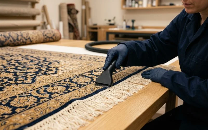 Gentle handheld vacuuming of a silk rug edge
