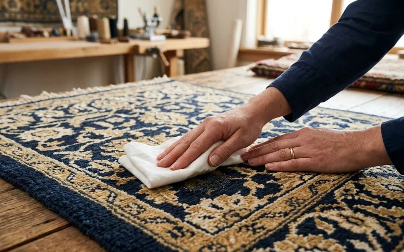 Hands gently blotting a small spill on a wool rug
