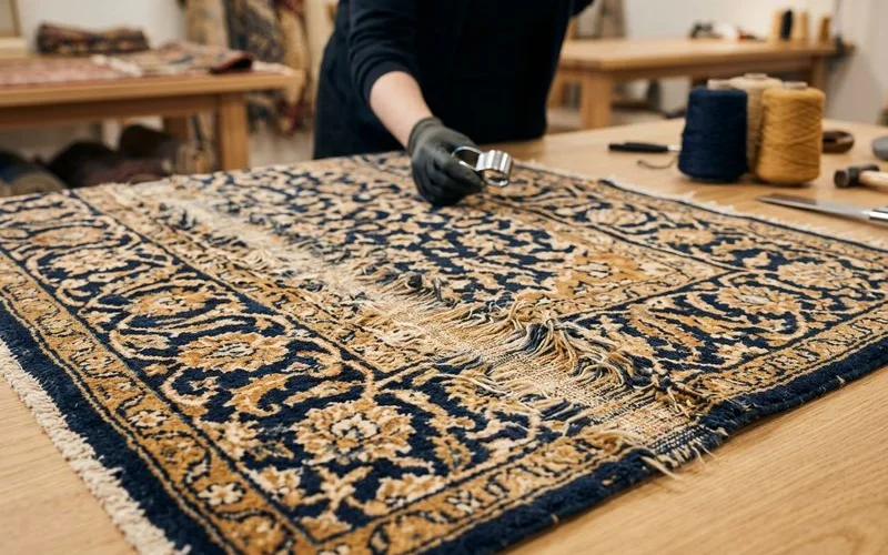 High-traffic rug area showing wear over time
