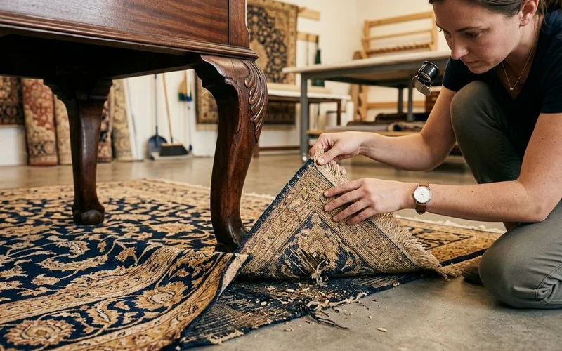 Lifting a rug under furniture revealing moth damage