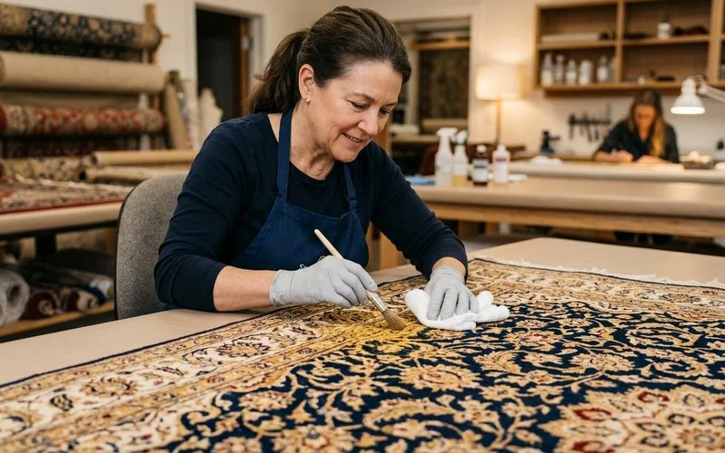 Technician gently hand-cleaning a silk rug