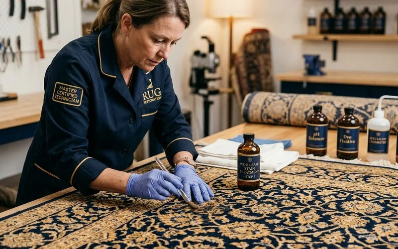 Technician carefully treating a wool rug stain by hand