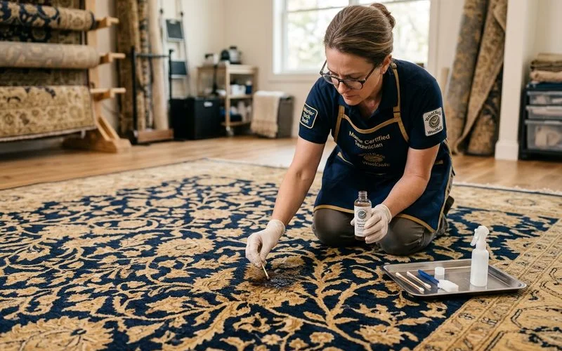 Technician treating a set stain on a wool rug