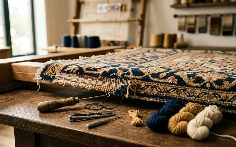 Restoration table with hand tools and wool yarns