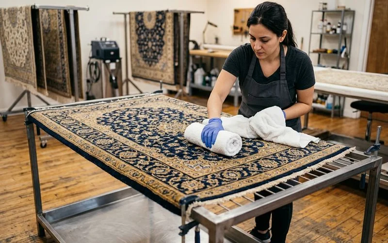 Rug elevated and being blotted to begin drying