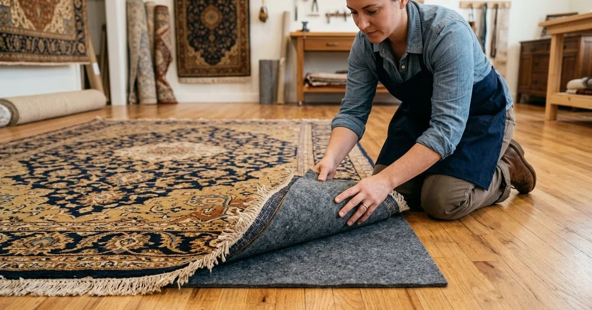 Custom rug pad being placed under a rug on hardwood