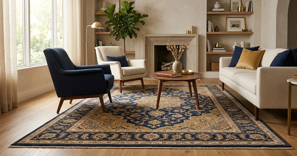Fine hand-knotted Persian area rug in a sunlit Las Vegas living room