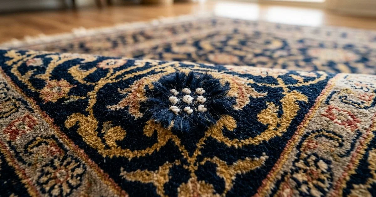 Macro of small white foundation knots in a Persian rug pile