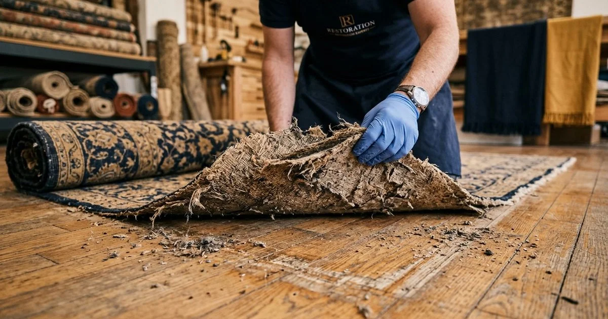 Old crumbling rug pad being removed from a floor