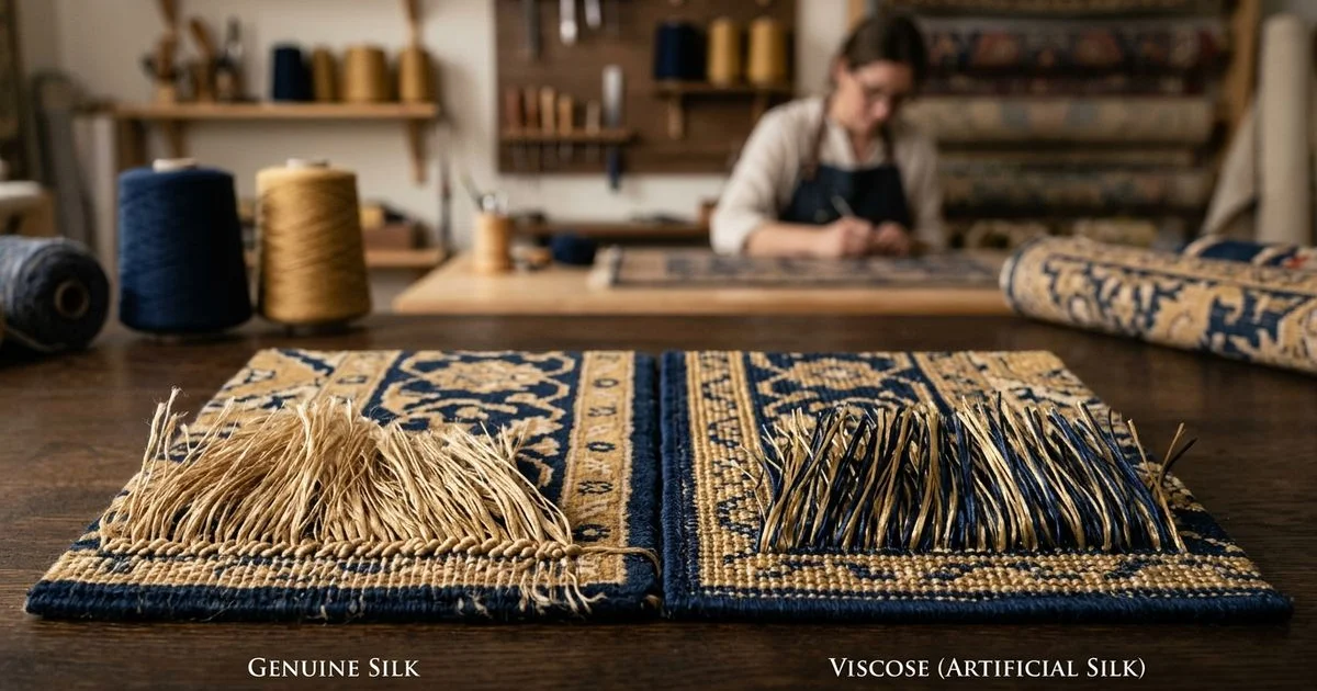 Side-by-side of genuine silk and viscose rug samples